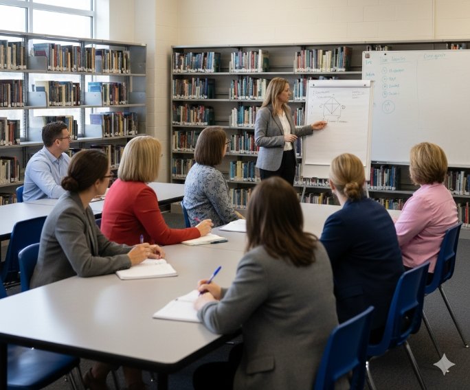 A group of public school educators in a library seated at a table listening to a presenter at a white board talking about verbal de-escalation techniques during a workshop.
